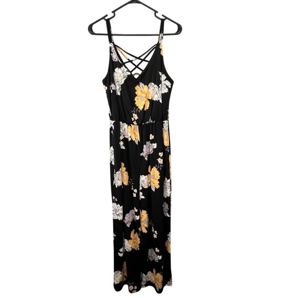 Maurices Jumpsuit S Black Yellow Floral Wide Leg Sleeveless Strappy Back - Picture 1 of 8